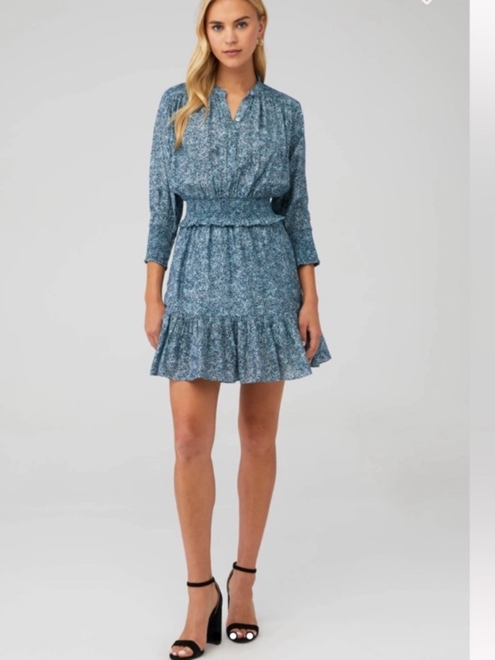 Rebecca Minkoff Blue Micro-Print Smocked Waist Mini Dress
